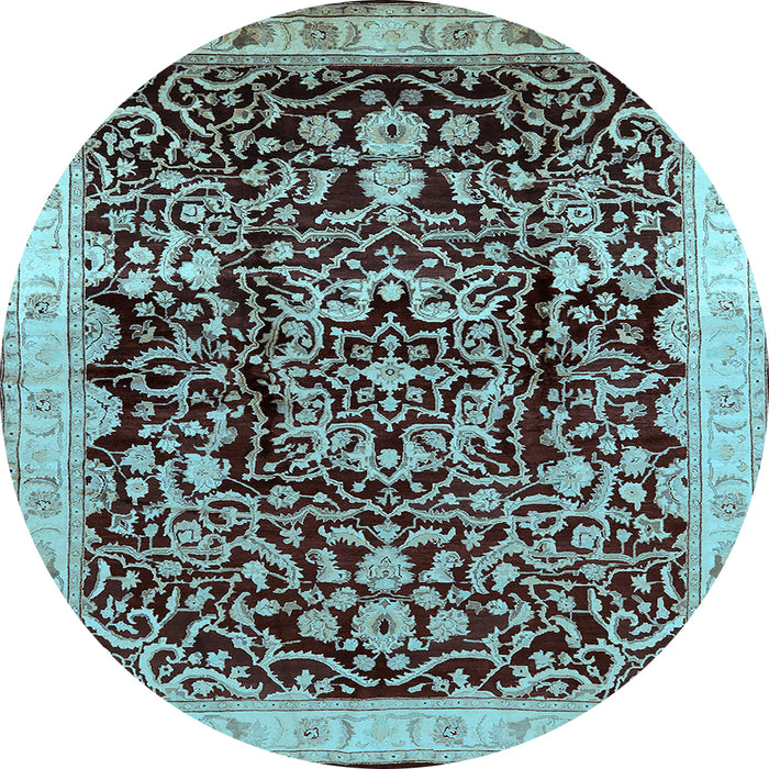 Round Machine Washable Oriental Light Blue Industrial Rug, wshurb3037lblu