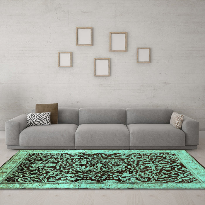 Machine Washable Oriental Turquoise Industrial Area Rugs in a Living Room,, wshurb3037turq