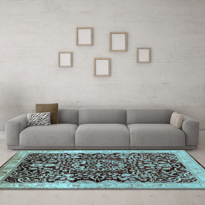 Machine Washable Oriental Light Blue Industrial Rug in a Living Room, wshurb3037lblu