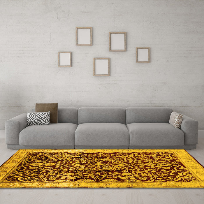Machine Washable Oriental Yellow Industrial Rug in a Living Room, wshurb3037yw