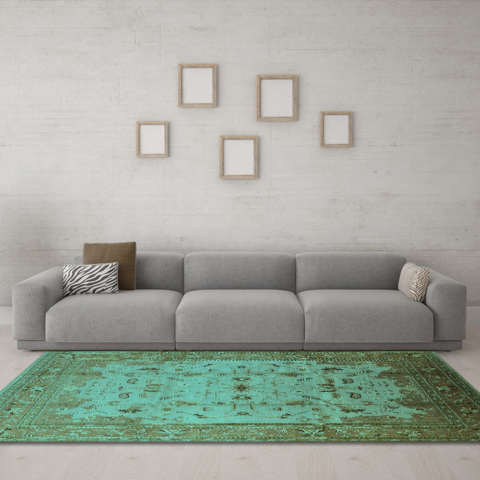 Machine Washable Oriental Turquoise Industrial Area Rugs in a Living Room,, wshurb3044turq