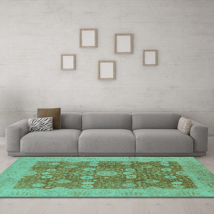 Machine Washable Oriental Turquoise Industrial Area Rugs in a Living Room,, wshurb3045turq
