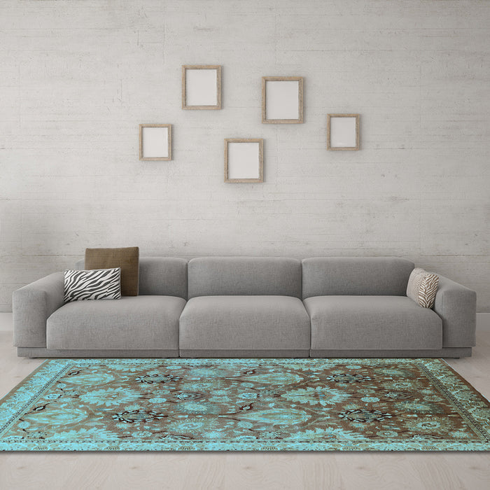 Machine Washable Oriental Light Blue Industrial Rug in a Living Room, wshurb3046lblu