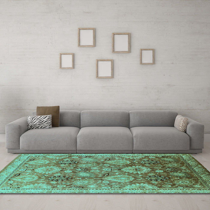Machine Washable Oriental Turquoise Industrial Area Rugs in a Living Room,, wshurb3046turq