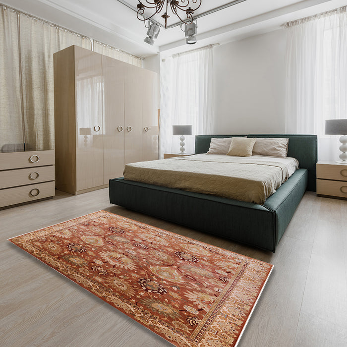 Mid-Century Modern Brown Sand Brown Oriental Rug in a Bedroom, urb3046