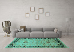 Machine Washable Oriental Turquoise Industrial Area Rugs in a Living Room,, wshurb3048turq