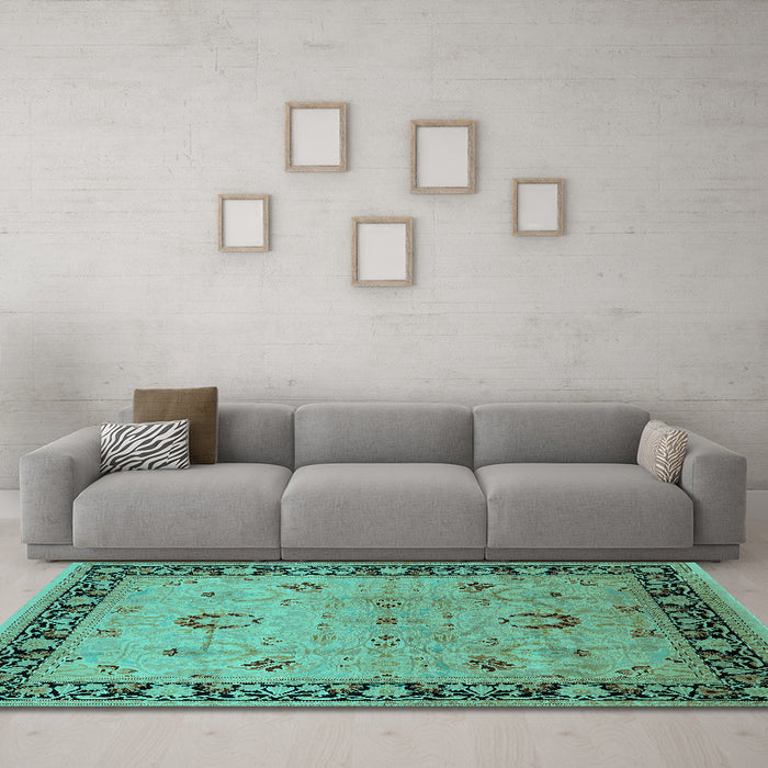 Machine Washable Oriental Turquoise Industrial Area Rugs in a Living Room,, wshurb3048turq