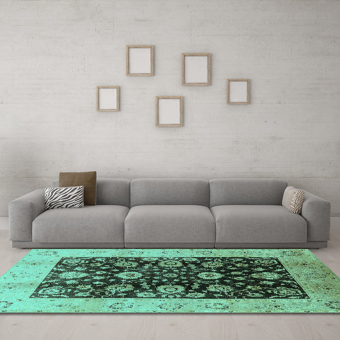Machine Washable Oriental Turquoise Industrial Area Rugs in a Living Room,, wshurb3049turq