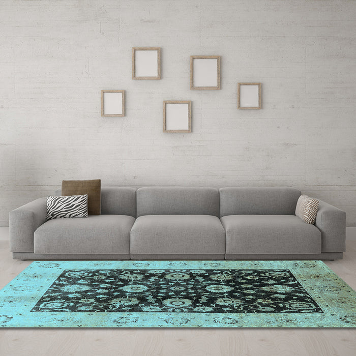 Machine Washable Oriental Light Blue Industrial Rug in a Living Room, wshurb3049lblu