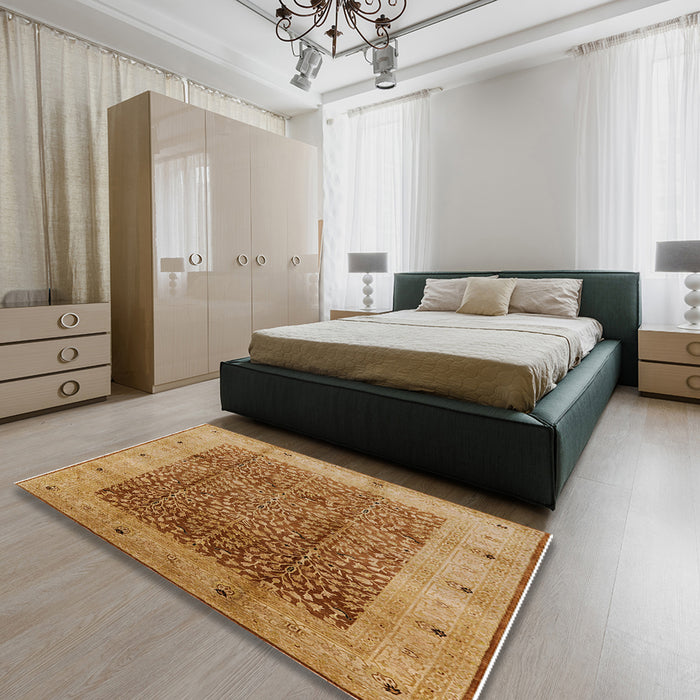 Mid-Century Modern Mahogany Brown Oriental Rug in a Bedroom, urb3052