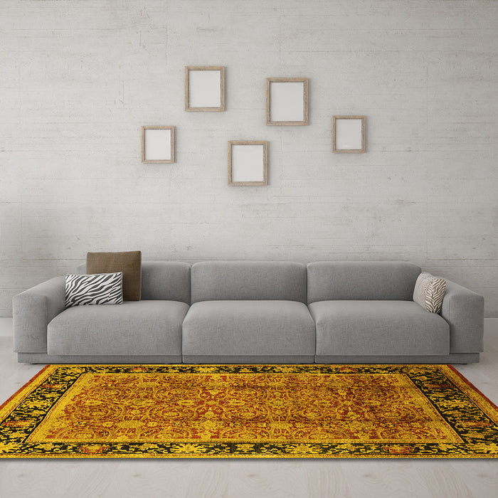 Machine Washable Oriental Yellow Industrial Rug in a Living Room, wshurb3053yw