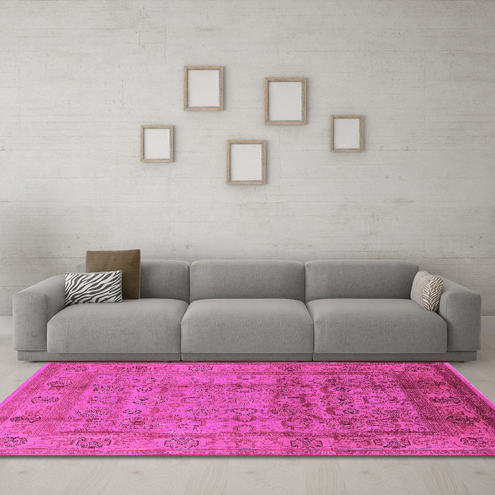 Machine Washable Oriental Pink Industrial Rug in a Living Room, wshurb3054pnk