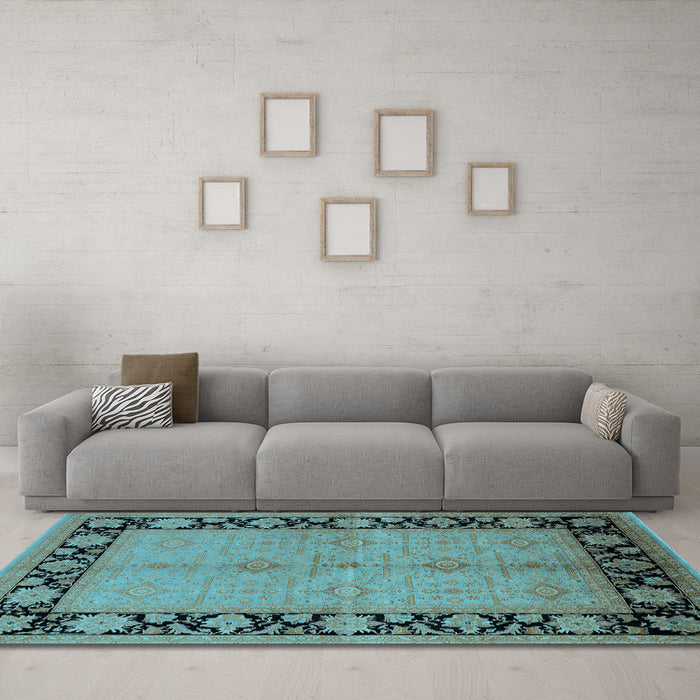 Machine Washable Oriental Light Blue Industrial Rug in a Living Room, wshurb3056lblu