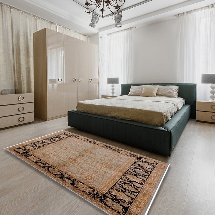 Mid-Century Modern Camel Brown Oriental Rug in a Bedroom, urb3056