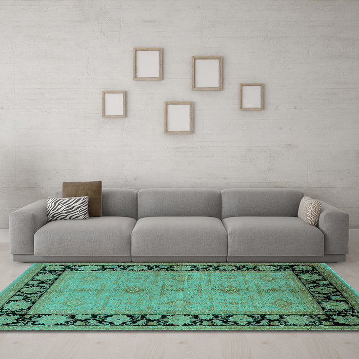 Machine Washable Oriental Turquoise Industrial Area Rugs in a Living Room,, wshurb3056turq