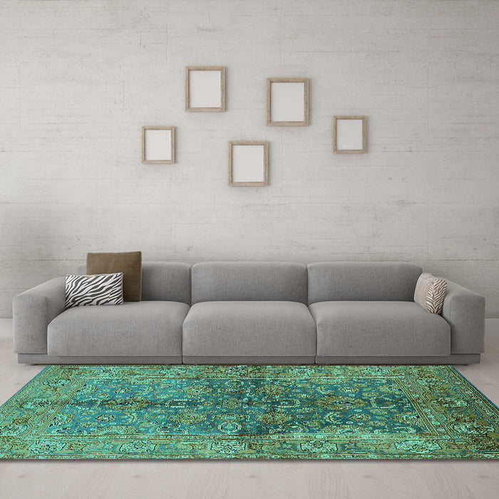 Machine Washable Oriental Turquoise Industrial Area Rugs in a Living Room,, wshurb3057turq