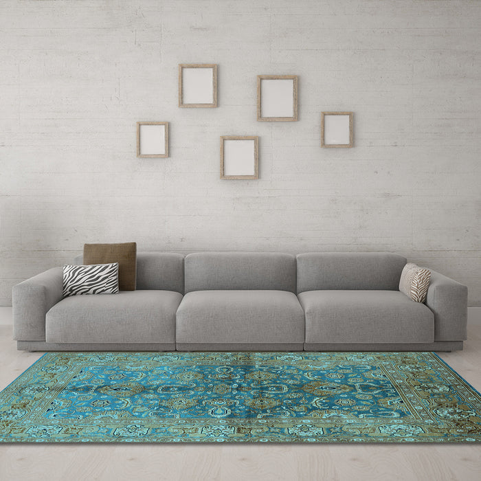 Machine Washable Oriental Light Blue Industrial Rug in a Living Room, wshurb3057lblu