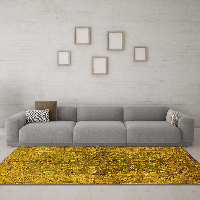 Machine Washable Oriental Yellow Industrial Rug in a Living Room, wshurb3057yw