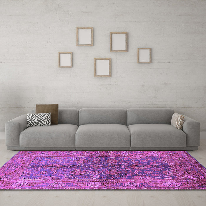 Machine Washable Oriental Purple Industrial Area Rugs in a Living Room, wshurb3057pur