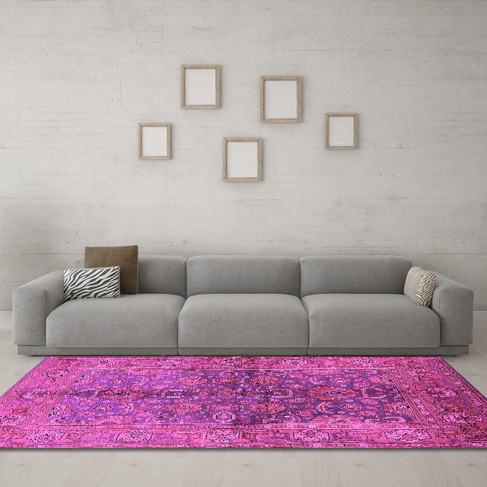 Machine Washable Oriental Pink Industrial Rug in a Living Room, wshurb3057pnk
