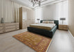 Mid-Century Modern Mahogany Brown Oriental Rug in a Bedroom, urb3058