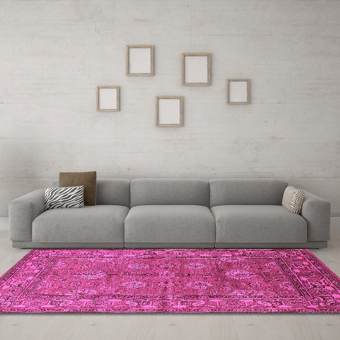 Machine Washable Oriental Pink Industrial Rug in a Living Room, wshurb3058pnk