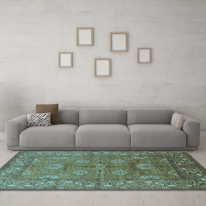 Machine Washable Oriental Light Blue Industrial Rug in a Living Room, wshurb3058lblu