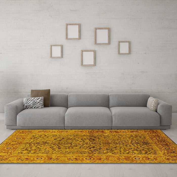 Machine Washable Oriental Yellow Industrial Rug in a Living Room, wshurb3059yw