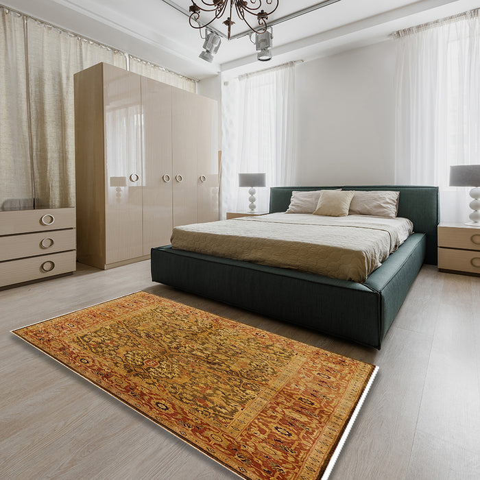 Mid-Century Modern Mahogany Brown Oriental Rug in a Bedroom, urb3059