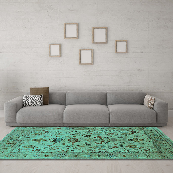 Machine Washable Oriental Turquoise Industrial Area Rugs in a Living Room,, wshurb3061turq