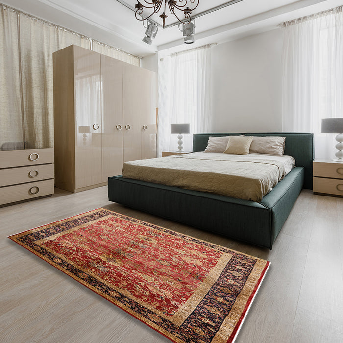 Mid-Century Modern Brown Sand Brown Oriental Rug in a Bedroom, urb3065