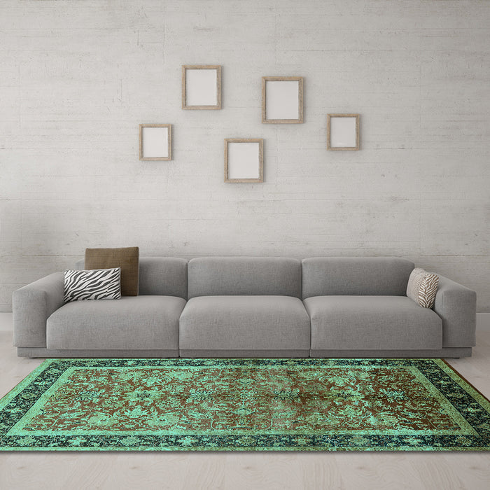 Machine Washable Oriental Turquoise Industrial Area Rugs in a Living Room,, wshurb3065turq