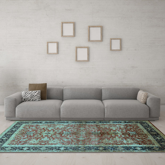 Machine Washable Oriental Light Blue Industrial Rug in a Living Room, wshurb3065lblu