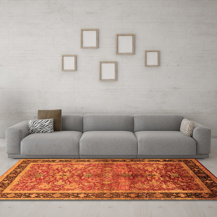 Machine Washable Oriental Orange Industrial Area Rugs in a Living Room, wshurb3065org