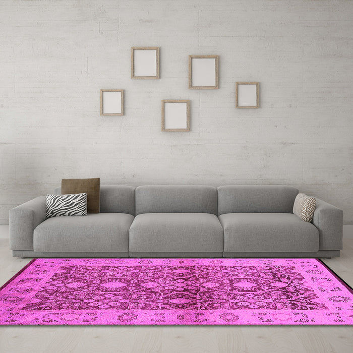 Machine Washable Oriental Pink Industrial Rug in a Living Room, wshurb3071pnk