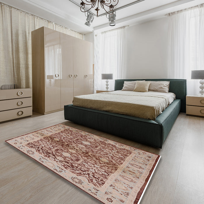 Mid-Century Modern Sienna Brown Oriental Rug in a Bedroom, urb3071