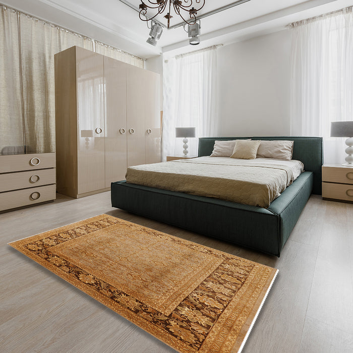 Mid-Century Modern Mahogany Brown Oriental Rug in a Bedroom, urb3072