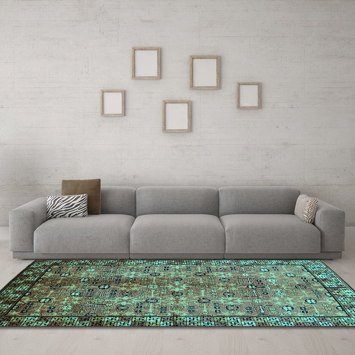 Machine Washable Oriental Turquoise Industrial Area Rugs in a Living Room,, wshurb3075turq