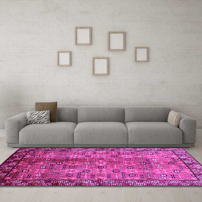 Machine Washable Oriental Pink Industrial Rug in a Living Room, wshurb3075pnk