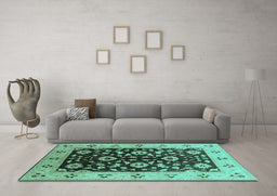 Machine Washable Oriental Turquoise Industrial Area Rugs in a Living Room,, wshurb3076turq