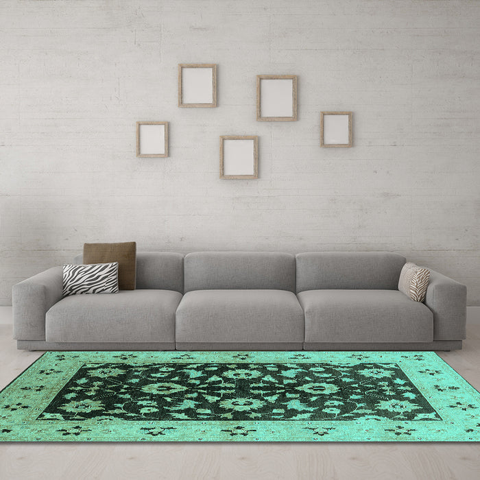 Machine Washable Oriental Turquoise Industrial Area Rugs in a Living Room,, wshurb3076turq