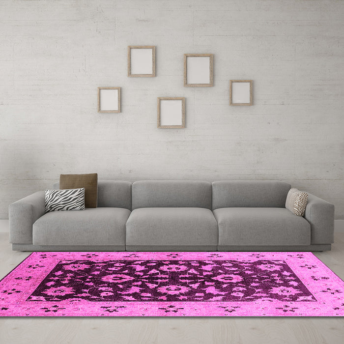 Machine Washable Oriental Pink Industrial Rug in a Living Room, wshurb3076pnk