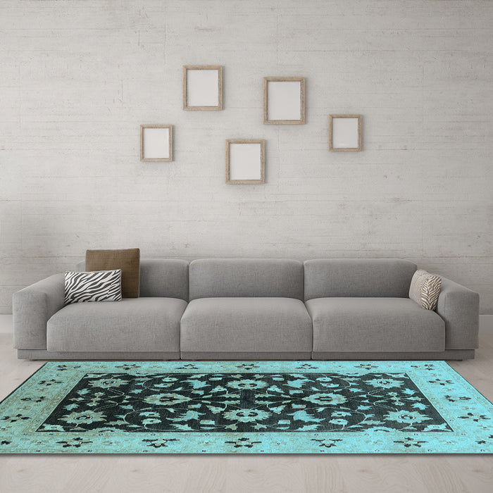 Machine Washable Oriental Light Blue Industrial Rug in a Living Room, wshurb3076lblu