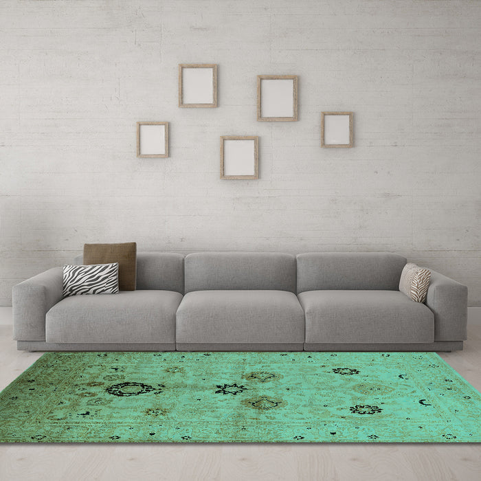 Machine Washable Oriental Turquoise Industrial Area Rugs in a Living Room,, wshurb3078turq