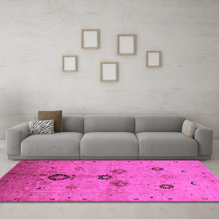 Machine Washable Oriental Pink Industrial Rug in a Living Room, wshurb3078pnk