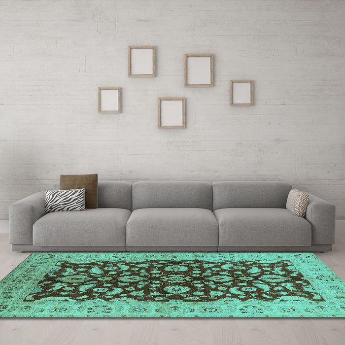 Machine Washable Oriental Turquoise Industrial Area Rugs in a Living Room,, wshurb3079turq