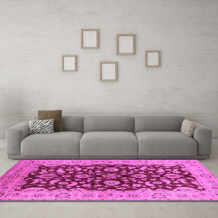 Machine Washable Oriental Pink Industrial Rug in a Living Room, wshurb3079pnk