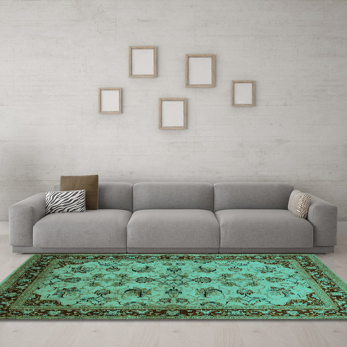 Machine Washable Oriental Turquoise Industrial Area Rugs in a Living Room,, wshurb3080turq