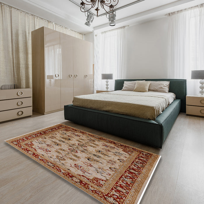 Mid-Century Modern Mahogany Brown Oriental Rug in a Bedroom, urb3080