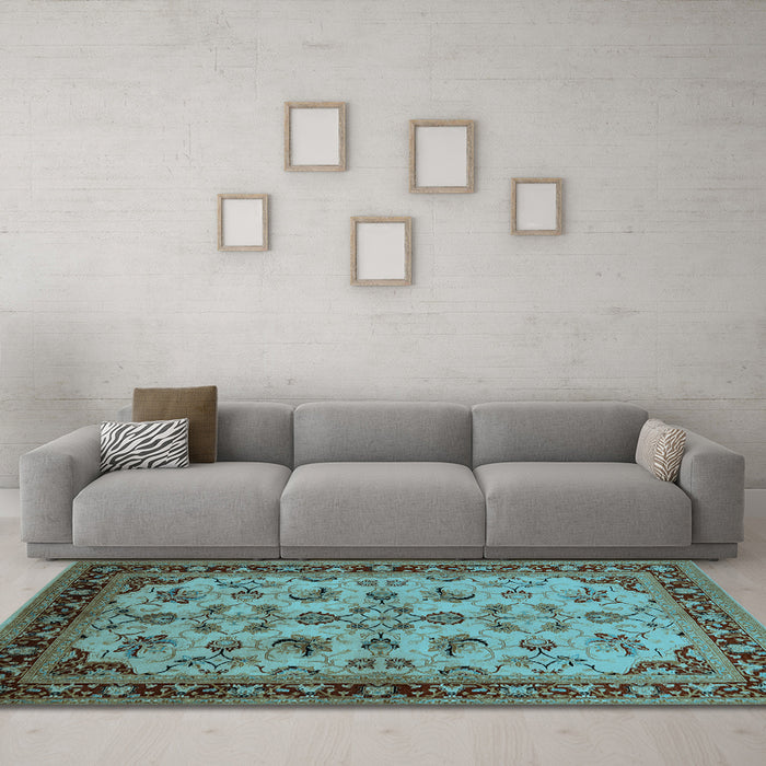 Machine Washable Oriental Light Blue Industrial Rug in a Living Room, wshurb3080lblu